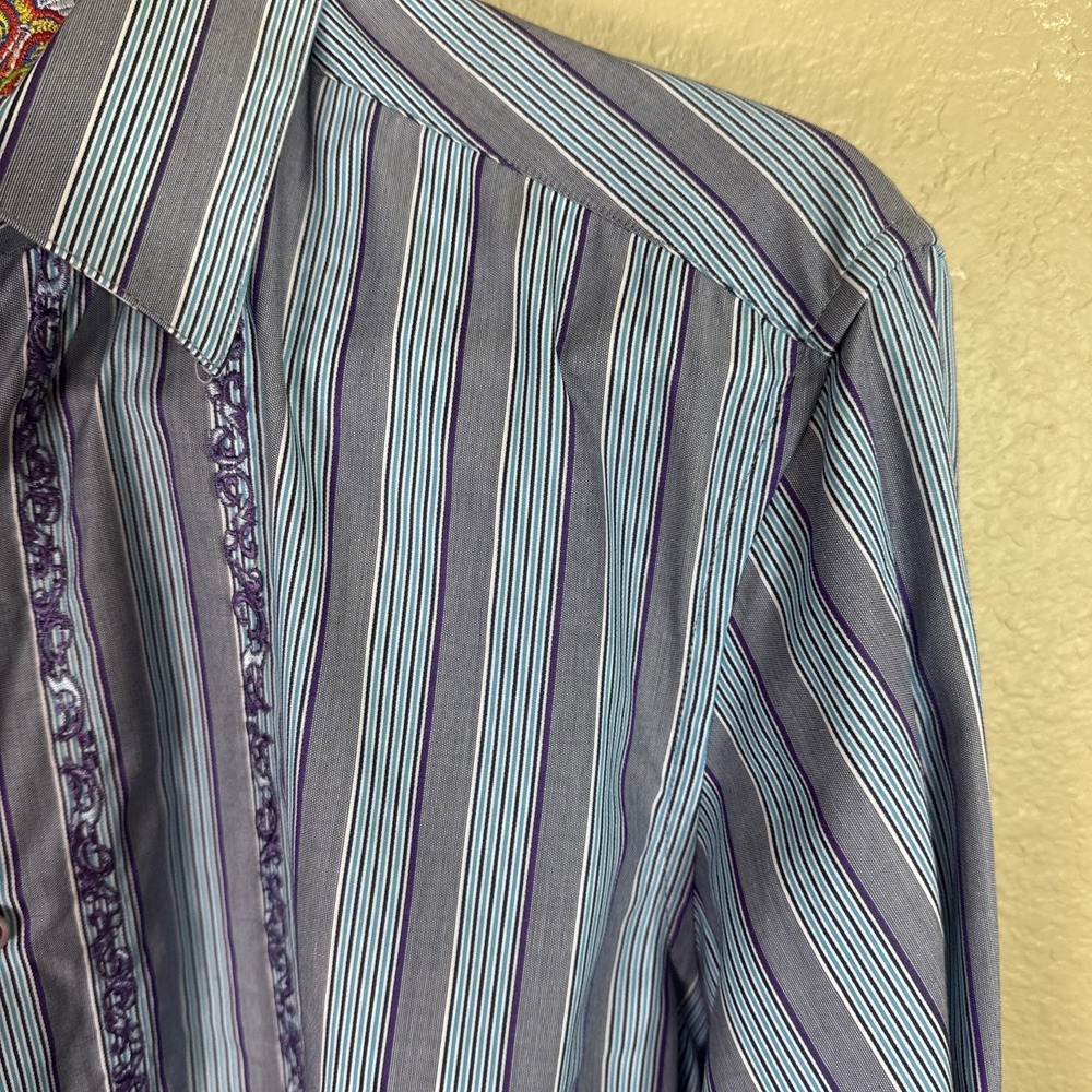 Robert Graham Men's Striped‎ Adagio Embroidered Flip Cuff Shirt Large $228 - Picture 3 of 7